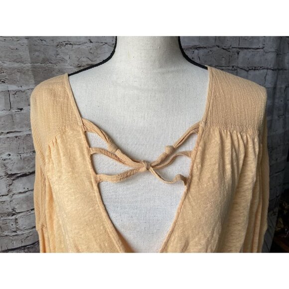 Free People Womens Shirt Sz S Double Knot Peach Crop Top 3/4 Sleeve Open Front - Picture 2 of 6